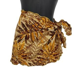 VTG 90s Sarong Wrap Skirt One Size Swim Coverup Leaf Print Gold Brown Metallic